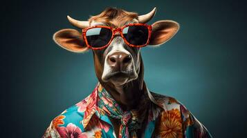 Bull in Hawaiian Shirt and Sunglasses, AI Generative photo