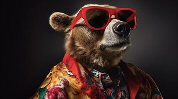 osos medio cuerpo disparar con hawaiano camisa y Gafas de sol, ai generativo foto