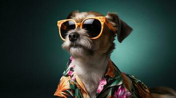 Dog in Hawaiian Shirt and Sunglasses Graces Top Fashion, AI Generative photo