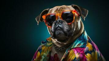 Dog in Hawaiian Shirt and Sunglasses Graces Top Fashion, AI Generative photo