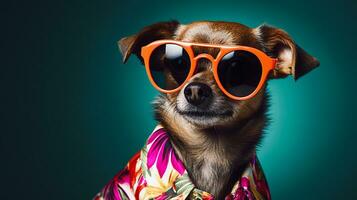 perro en hawaiano camisa y Gafas de sol gracias parte superior moda, ai generativo foto
