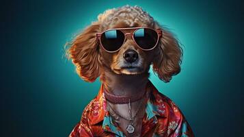 Dog in Hawaiian Shirt and Sunglasses Graces Top Fashion, AI Generative photo