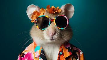 Hamster's Hawaiian Shirt and Sunglasses Magazine Cover, AI Generative photo