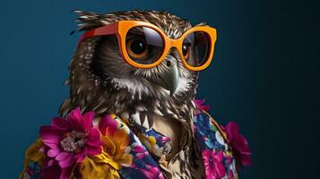 Modern Owl Fashion Pose, Hawaiian Shirt and Sunglasses, AI Generative photo