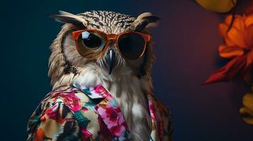 Modern Owl Fashion Pose, Hawaiian Shirt and Sunglasses, AI Generative photo