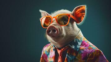 elegante cerdo en hawaiano camisa y Gafas de sol, ai generativo foto