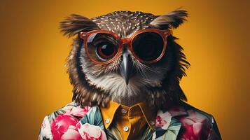 Modern Owl Fashion Pose, Hawaiian Shirt and Sunglasses, AI Generative photo