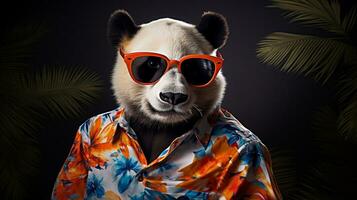 panda en hawaiano camisa y Gafas de sol medio cuerpo Sesión de fotos, ai generativo foto