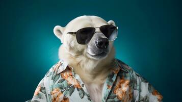 polar oso en hawaiano camisa y Gafas de sol medio cuerpo, ai generativo foto