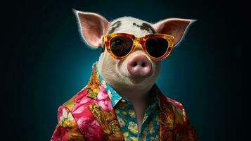 Stylish Pig in Hawaiian Shirt and Sunglasses, AI Generative photo