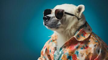 polar oso en hawaiano camisa y Gafas de sol medio cuerpo, ai generativo foto