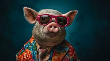 Stylish Pig in Hawaiian Shirt and Sunglasses, AI Generative photo