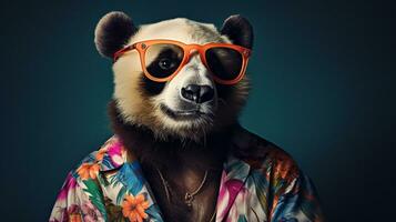 panda en hawaiano camisa y Gafas de sol medio cuerpo Sesión de fotos, ai generativo foto