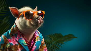 elegante cerdo en hawaiano camisa y Gafas de sol, ai generativo foto