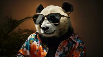 panda en hawaiano camisa y Gafas de sol medio cuerpo Sesión de fotos, ai generativo foto