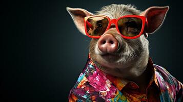 elegante cerdo en hawaiano camisa y Gafas de sol, ai generativo foto