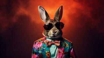 Trippy Rabbit Fashion Half-Body Hawaiian Shirt and Sunglasses, AI Generative photo