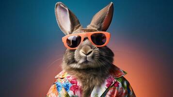 Trippy Rabbit Fashion Half-Body Hawaiian Shirt and Sunglasses, AI Generative photo