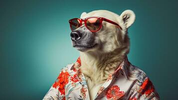 polar oso en hawaiano camisa y Gafas de sol medio cuerpo, ai generativo foto