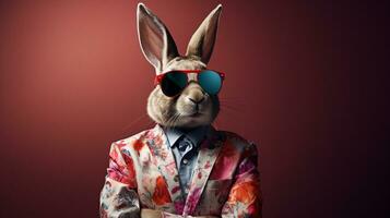 Trippy Rabbit Fashion Half-Body Hawaiian Shirt and Sunglasses, AI Generative photo