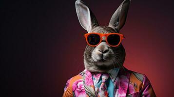 Trippy Rabbit Fashion Half-Body Hawaiian Shirt and Sunglasses, AI Generative photo