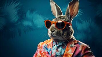 Trippy Rabbit Fashion Half-Body Hawaiian Shirt and Sunglasses, AI Generative photo