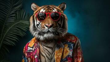 Tigre un trippy hawaiano camisa y Gafas de sol medio cuerpo, ai generativo foto