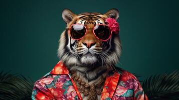 Tigre un trippy hawaiano camisa y Gafas de sol medio cuerpo, ai generativo foto