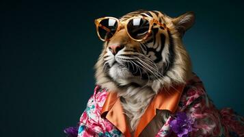 Tigre un trippy hawaiano camisa y Gafas de sol medio cuerpo, ai generativo foto