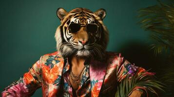 Tigre un trippy hawaiano camisa y Gafas de sol medio cuerpo, ai generativo foto