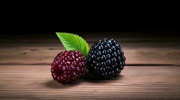 AI Generative, a Delicious Blackberry on Wood Background with Copy Space photo