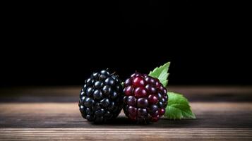 AI Generative, a Delicious Blackberry on Wood Background with Copy Space photo
