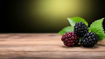 AI Generative, a Delicious Blackberry on Wood Background with Copy Space photo
