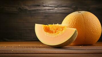 ai generativo, delicioso Cantalupo en de madera antecedentes con Copiar espacio foto