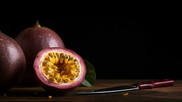 AI Generative, Delicious Passion Fruit on Wood Background photo