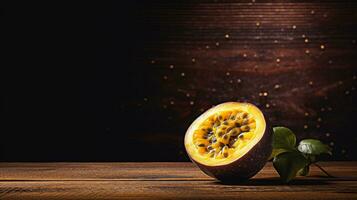 ai generativo, delicioso pasión Fruta en madera antecedentes foto