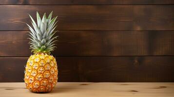 AI Generative, a Delicious Pineapple on Wooden Background with Copy Space photo