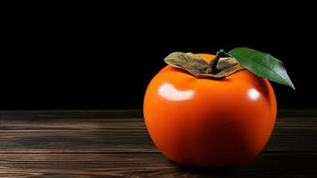 AI Generative, a Delicious Persimmon on Wood Background with Copy Space photo