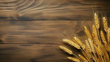 fotografía de trigo grano con estudio Encendiendo en madera fondo, ai generativo foto