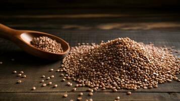 Buckwheat Grain on Wood Background with Copy Space, AI Generative photo