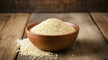 Quinoa Grain Photograph on Wooden Background with Ample Copy Space, AI Generative photo