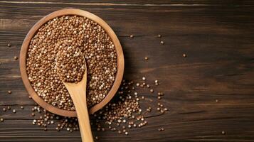 Buckwheat Grain on Wood Background with Copy Space, AI Generative photo