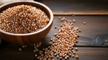 Buckwheat Grain on Wood Background with Copy Space, AI Generative photo