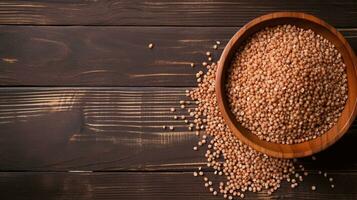 Buckwheat Grain on Wood Background with Copy Space, AI Generative photo