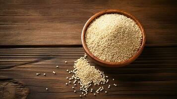 Quinoa Grain Photograph on Wooden Background with Ample Copy Space, AI Generative photo