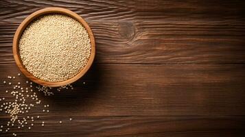 Quinoa Grain Photograph on Wooden Background with Ample Copy Space, AI Generative photo
