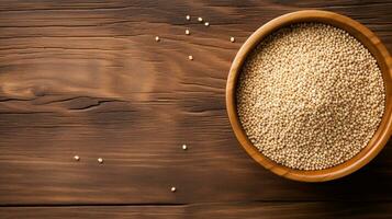 Quinoa Grain Photograph on Wooden Background with Ample Copy Space, AI Generative photo