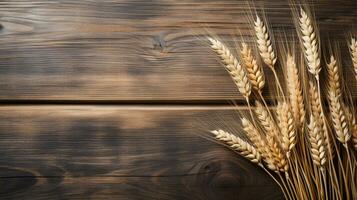 Rye Grain on Wooden Background with Ample Copy Space, AI Generative photo