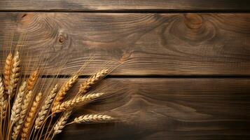 Rye Grain on Wooden Background with Ample Copy Space, AI Generative photo