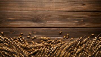 Rye Grain on Wooden Background with Ample Copy Space, AI Generative photo